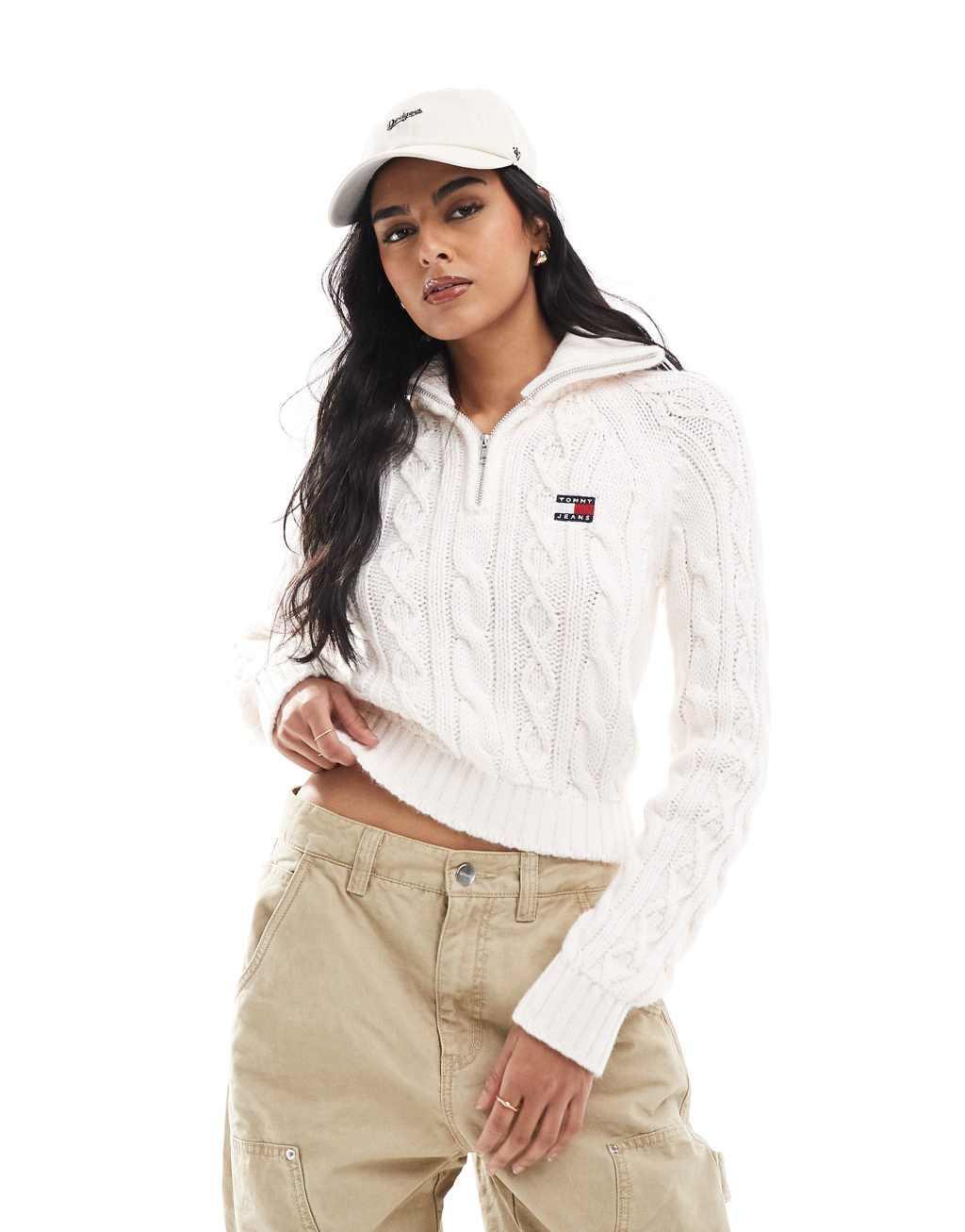 Tommy Jeans cable knit quarter zip sweater in off-white Product Image