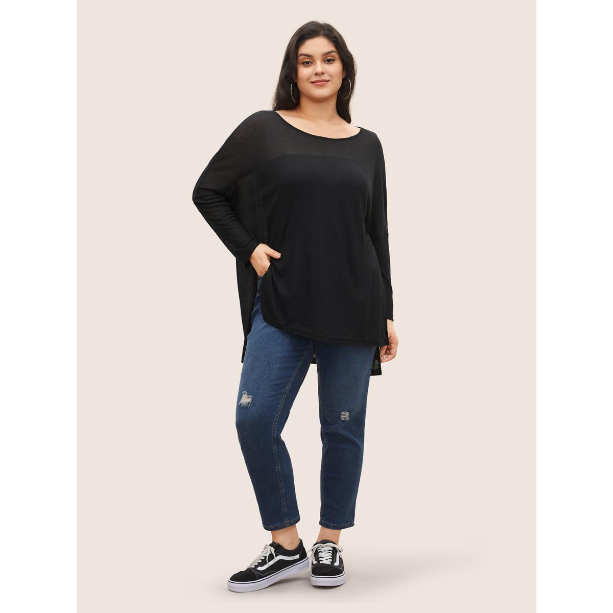 Plus Size Plain Mesh Split Side Long Sleeve T-shirt Black Women Casual Slit Round Neck Everyday T-shirts BloomChic 14-16/1X Product Image