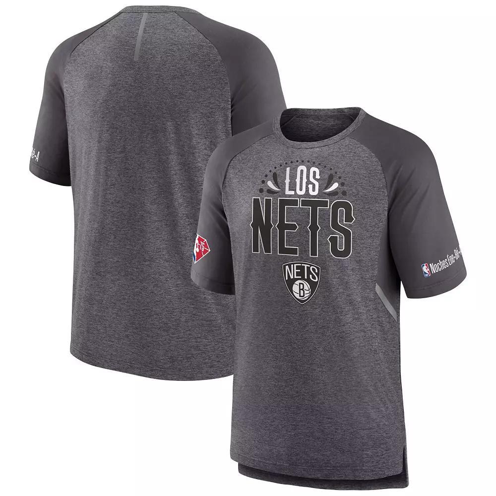 Men's Fanatics Branded Heathered Gray Brooklyn Nets 2022 Noches Ene-Be-A Core Shooting Raglan T-Shirt,  Product Image