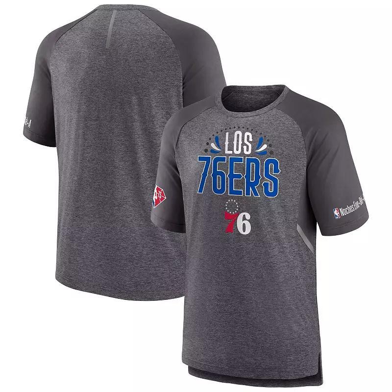 Mens Fanatics Branded Heathered Gray Philadelphia 76ers 2022 Noches Ene-Be-A Core Shooting Raglan T-Shirt Product Image