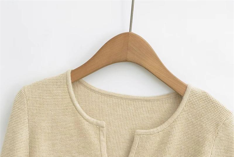 Long Sleeve Notch Neck Plain Knit Top Product Image