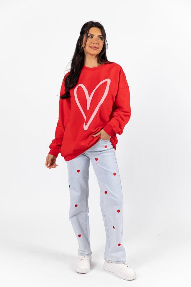 Heart Sketch Red Oversized Graphic Sweatshirt Product Image