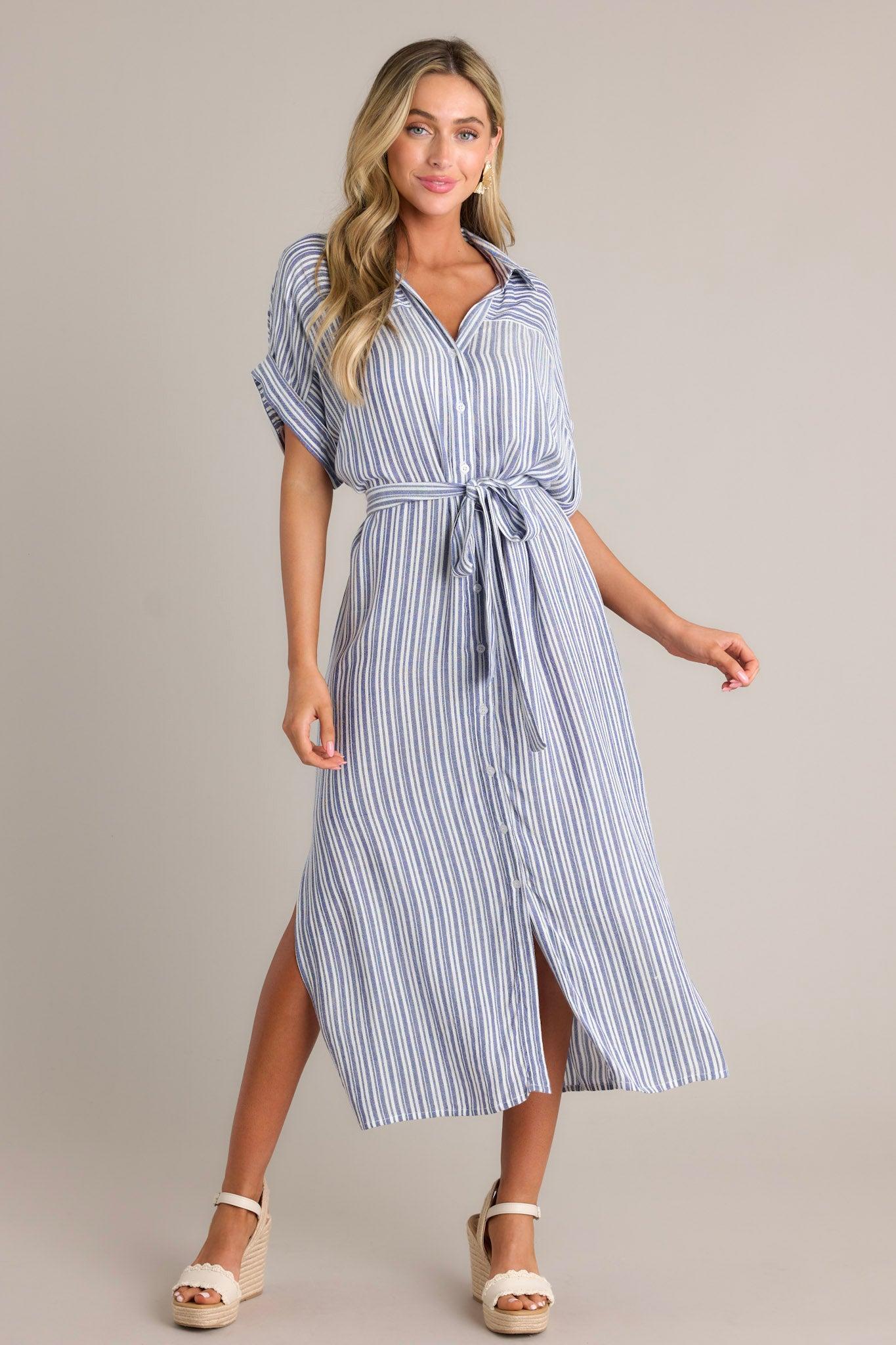 Embrace The Day Blue Stripe Midi Shirt Dress Product Image