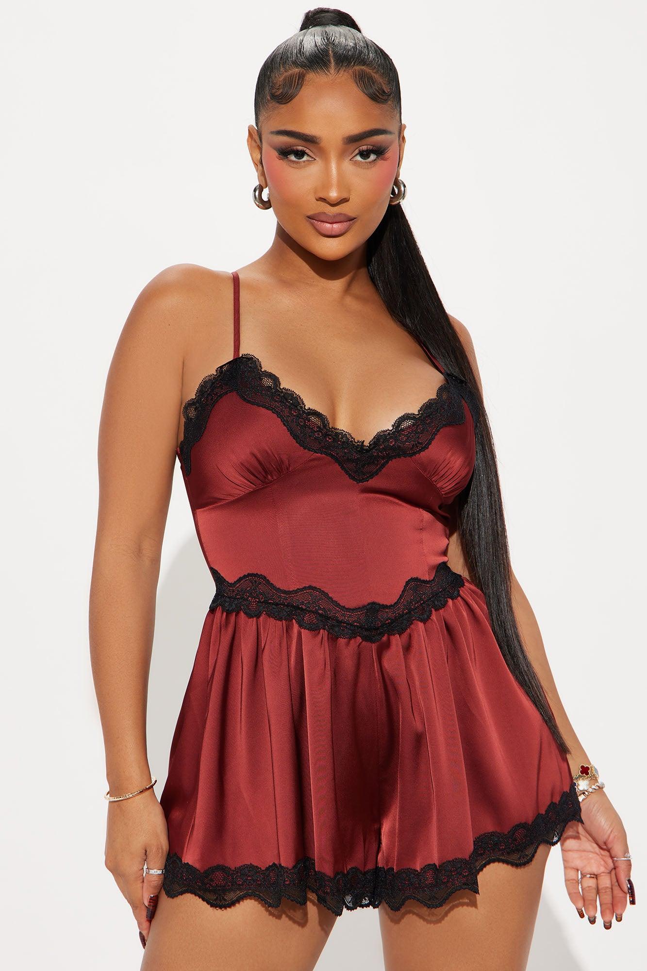 Hopeless Romantic Satin Romper Set - Burgundy Product Image