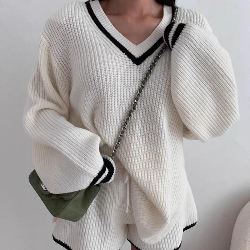 Set: Long-Sleeve V-Neck Contrast Trim Sweater + High Waist Shorts Product Image