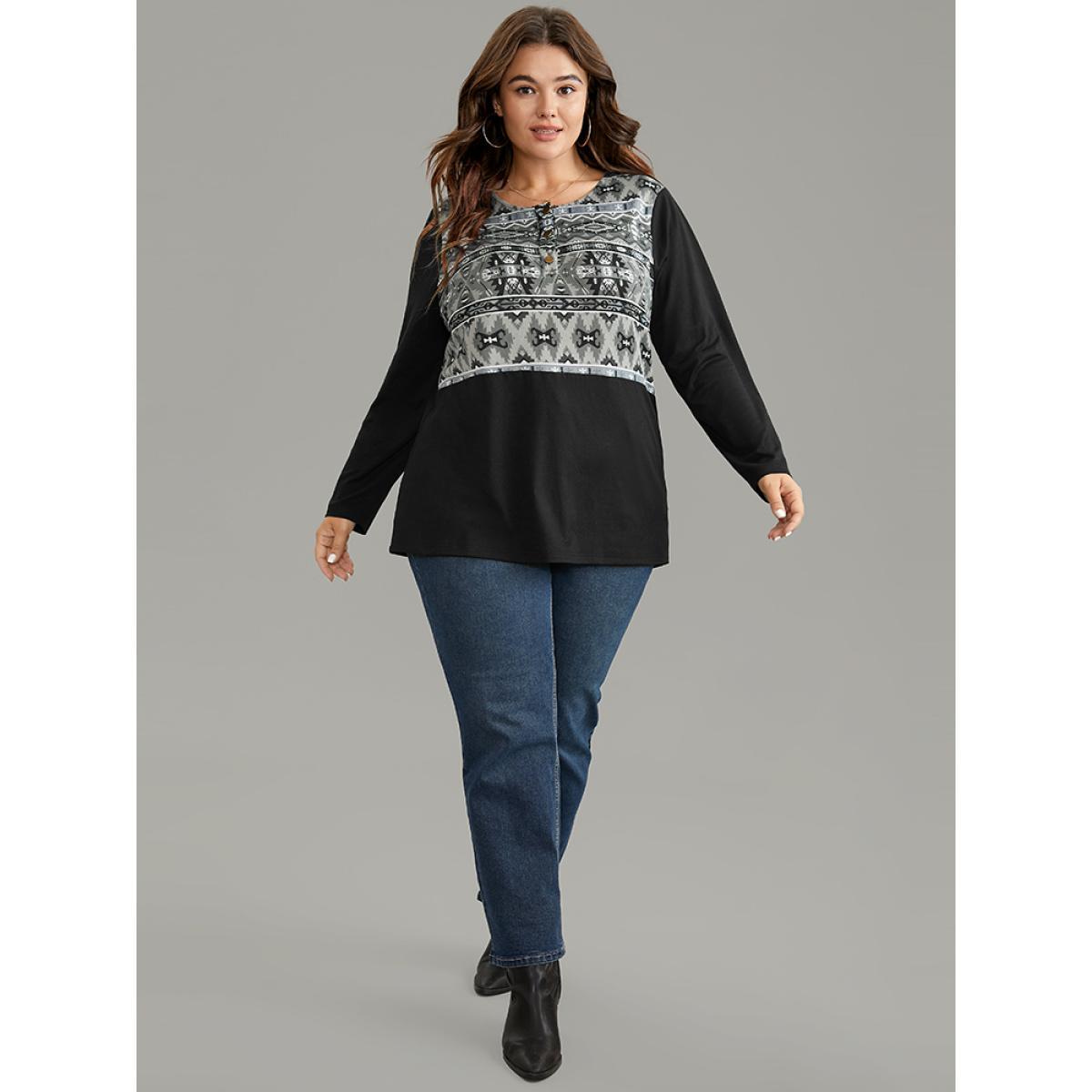 Plus Size Boho Print Patchwork Button Up T-shirt Black Women Casual Patchwork Bohemian Print Round Neck Dailywear T-shirts BloomChic 26/4X Product Image