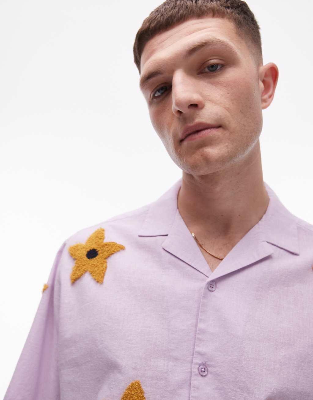 Topman short sleeve relaxed floral terrycloth shirt in pink Product Image