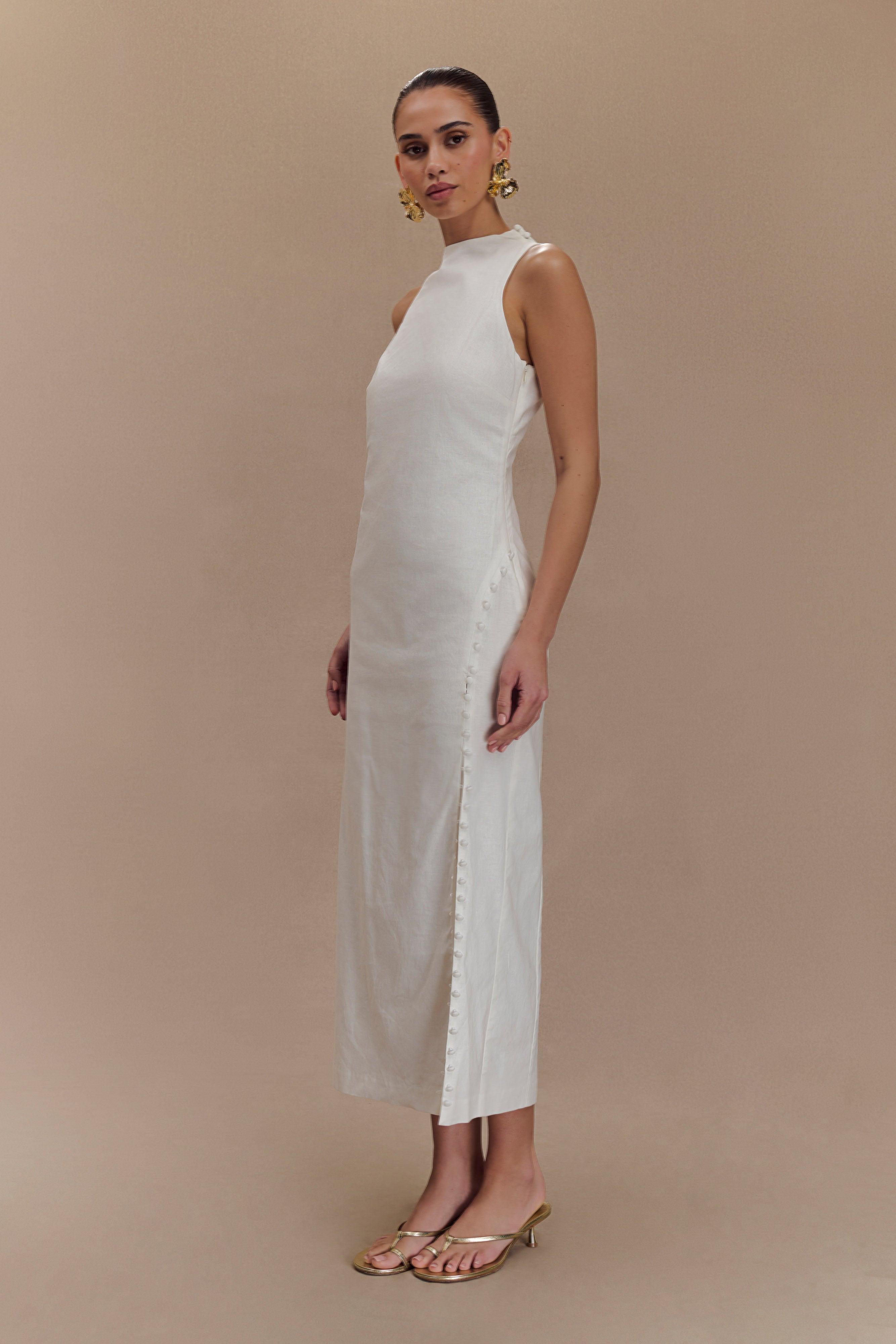 Bronte Linen Button Midi Dress - White Product Image