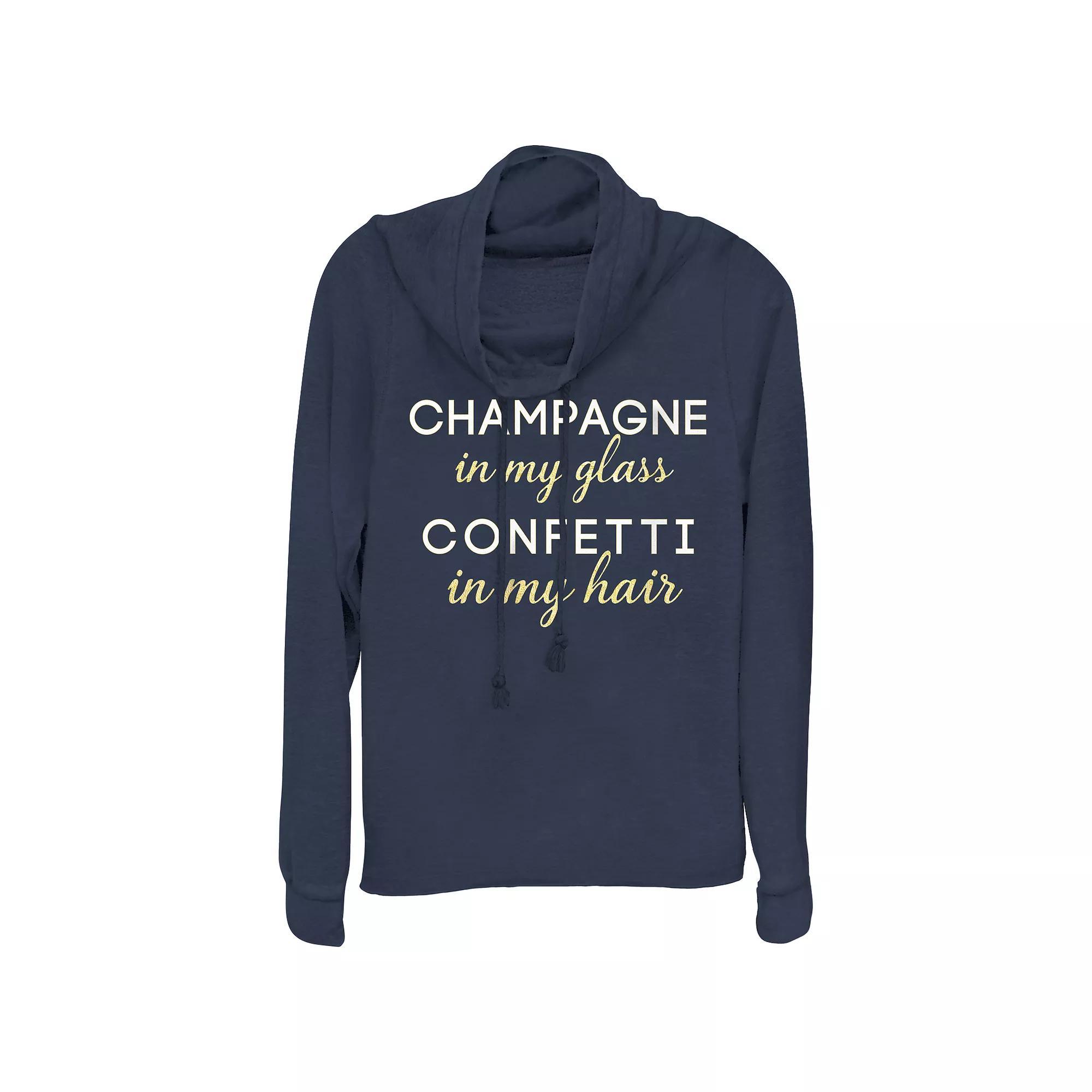 Women's Champagne In My Glass Confetti In My Hair Cowlneck Graphic Lightweight Long Sleeve, Size: XS, Blue Product Image