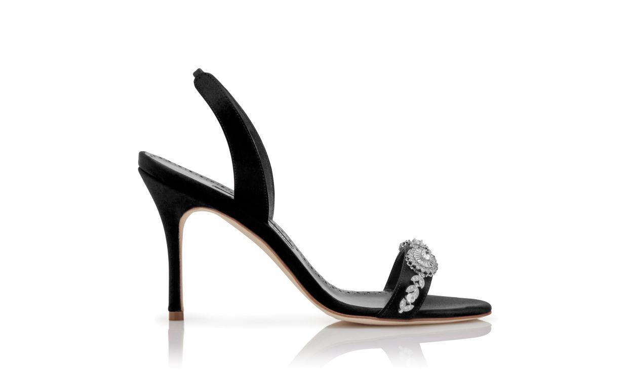 LAMISAN Black Satin Embellished Slingback Sandals Product Image