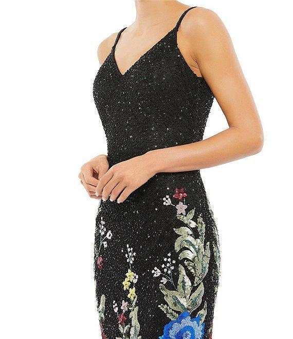 Mac Duggal Floral Print Fully Beaded V-Neck Sleeveless Sheath Gown Product Image
