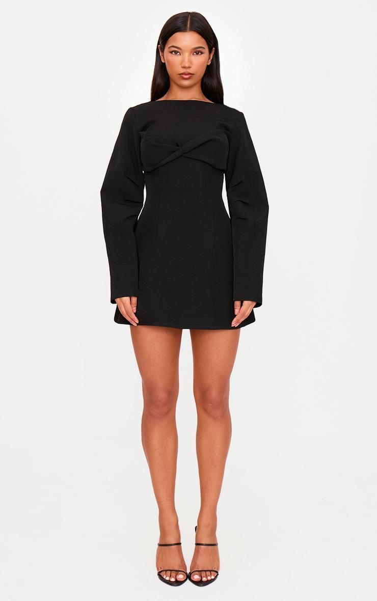 Black Woven Twist Detail Balloon Sleeve Dress Product Image