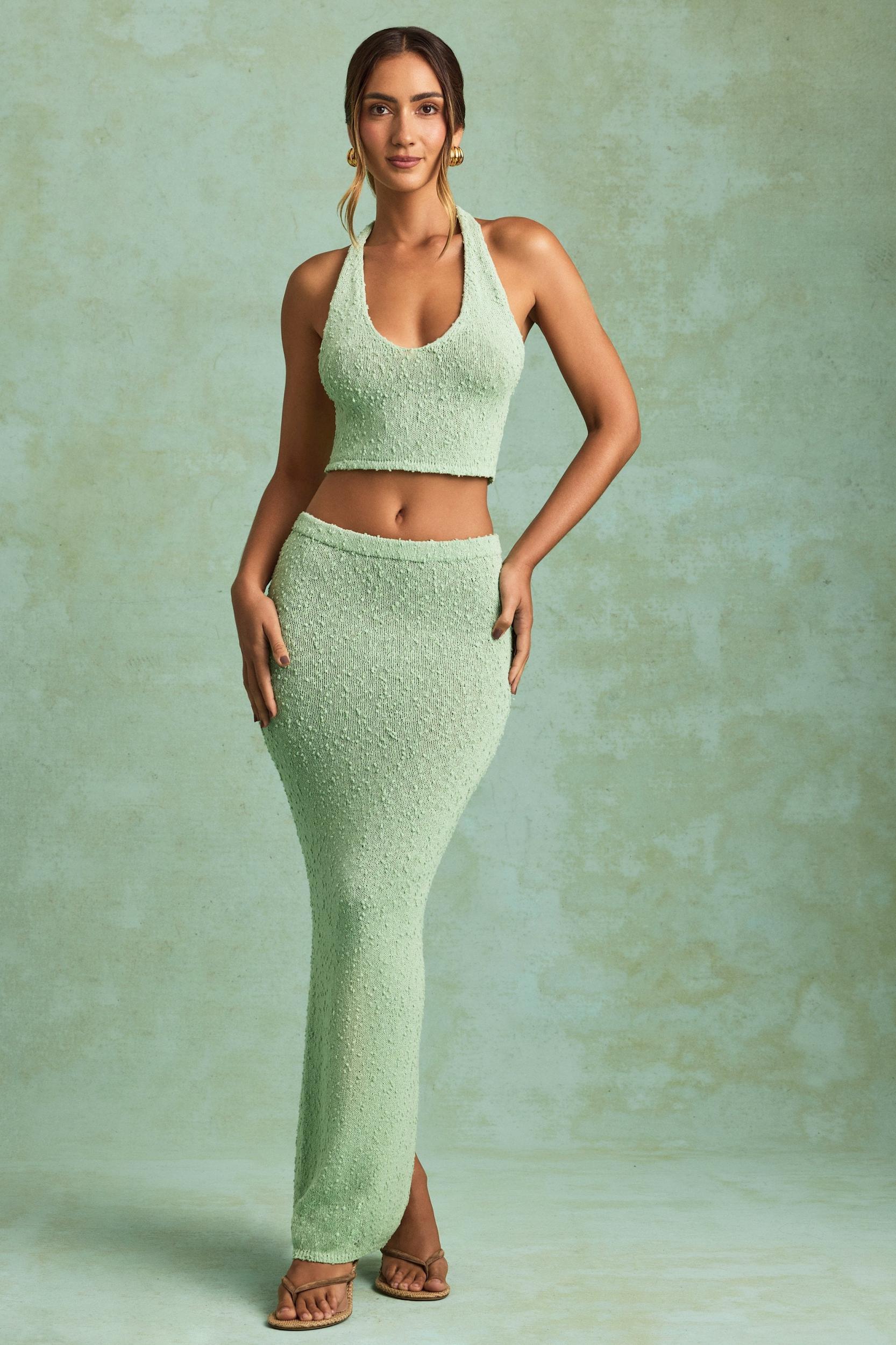 Bouclé Mid-Rise Maxi Skirt in Mint Product Image