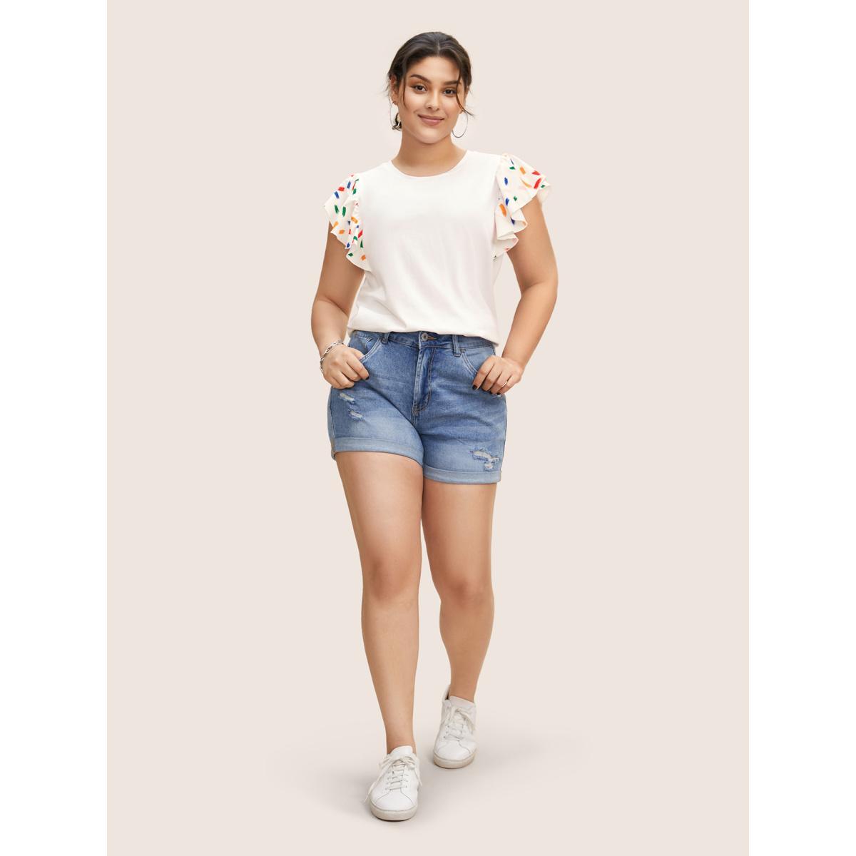 Plus Size Colored Brush Print Ruffle Cap Sleeve T-shirt Originalwhite Women Casual Contrast Round Neck Everyday T-shirts BloomChic 30/6X Product Image