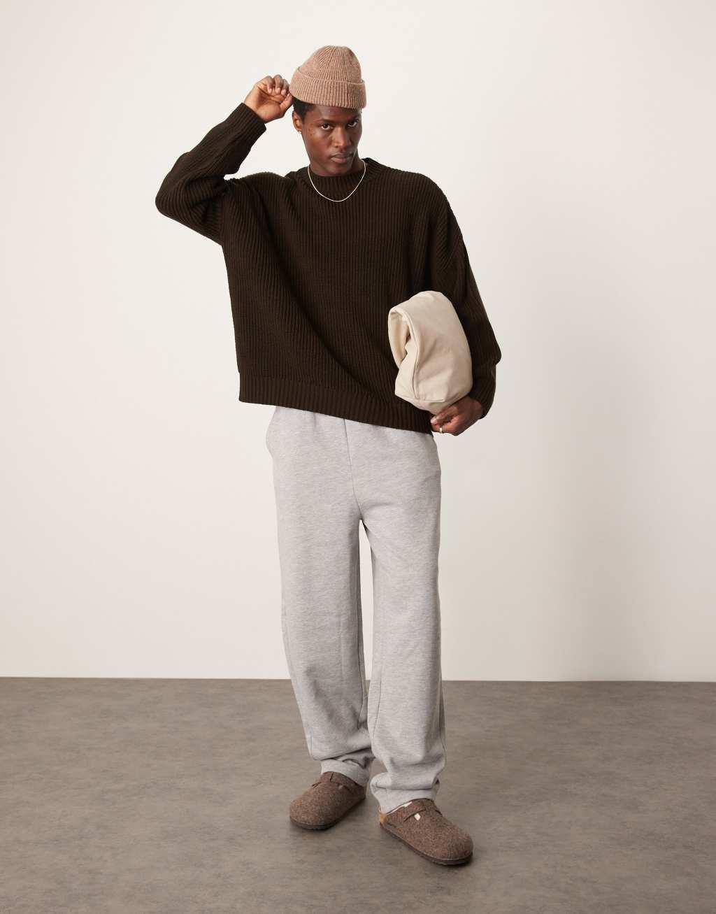 ASOS DESIGN super oversized boxy fit rib knit sweater in dark brown Product Image