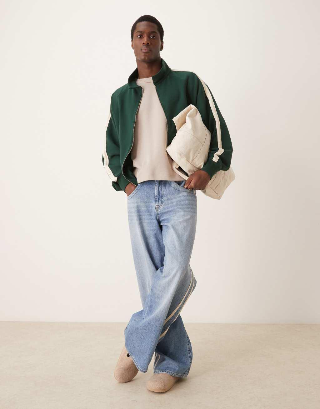 ASOS DESIGN oversize cropped track jacket with raglan sleeve in dark green Product Image