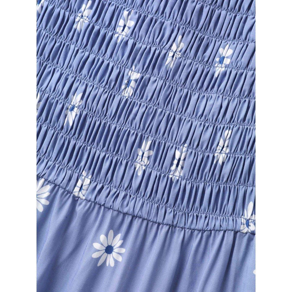 Plus Size Rayon Floral Shirred Midi Dress Mediumblue Women Boho Square Neck Short sleeve Curvy BloomChic 26/4X Product Image