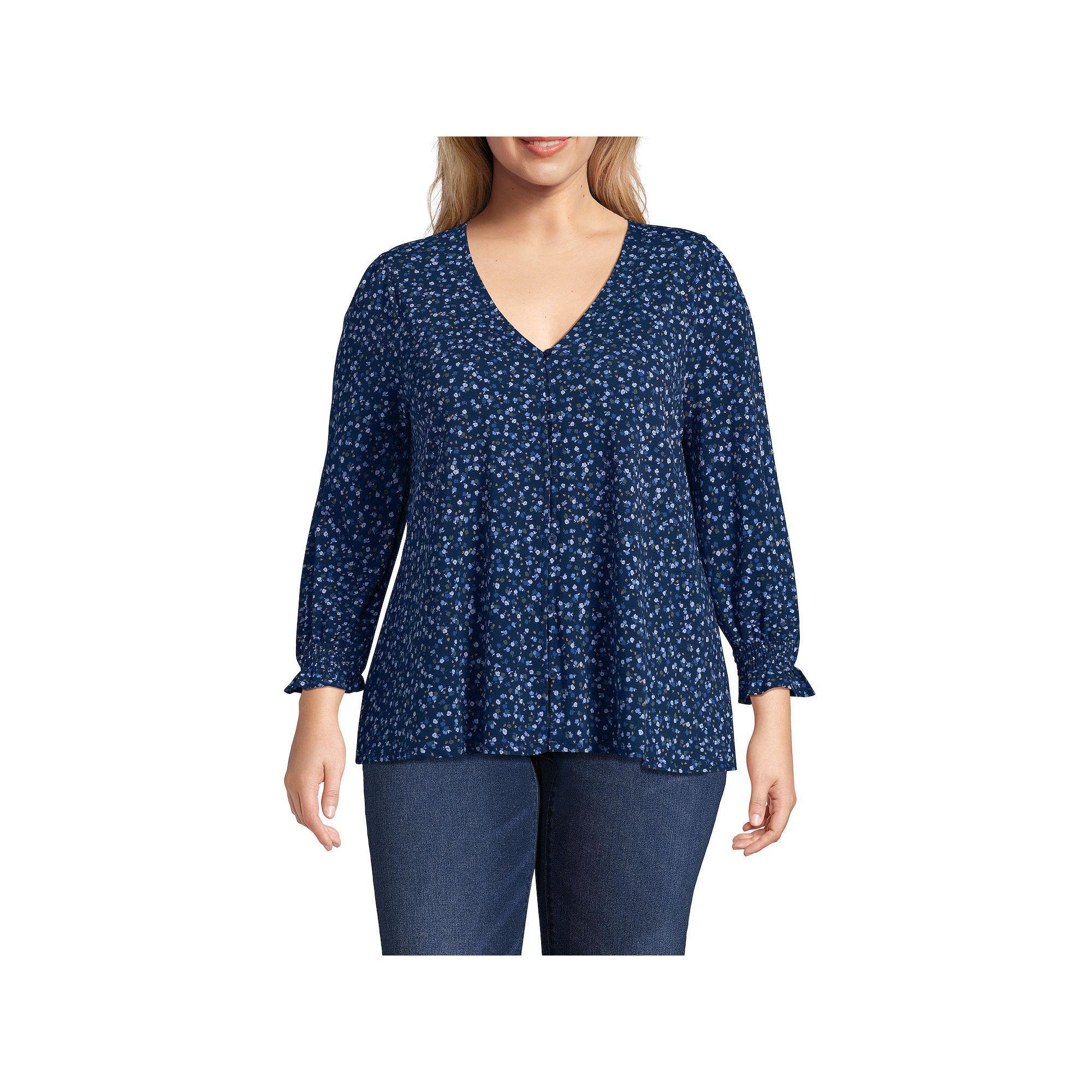 Plus Size Lands End 3/4 Sleeve Lightweight Jersey Button Front Top, Womens Product Image