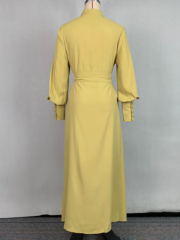 A-Line Long Sleeves Buttoned Pleated Pockets Solid Color Tied Waist V-Neck Maxi Dresses Product Image