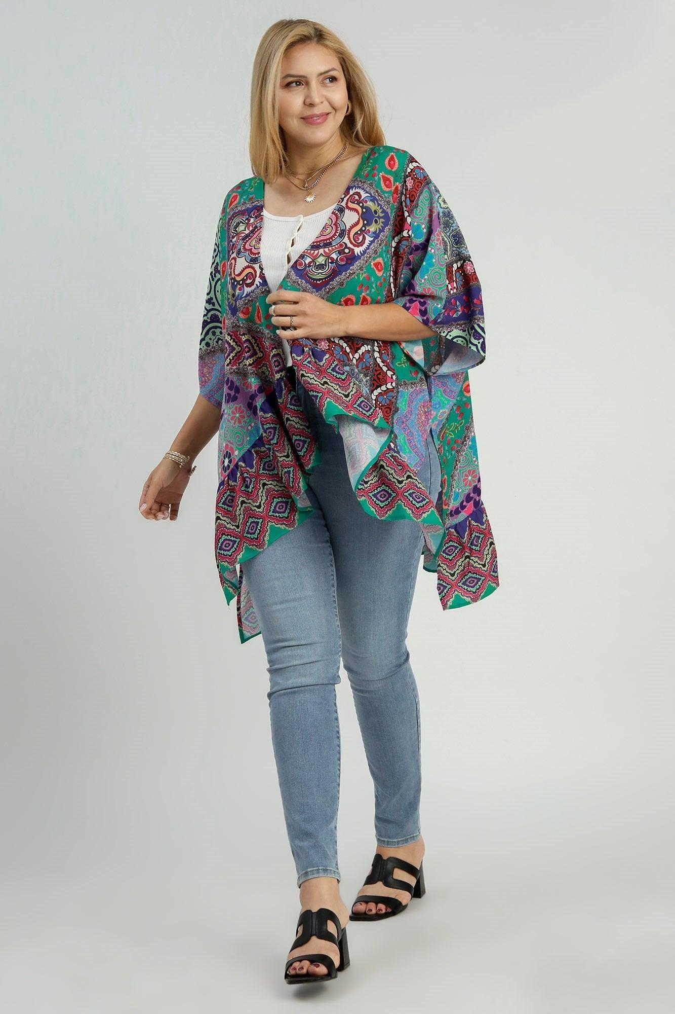 Mixed Print Ruffle Hem Open Front Cover Up Product Image