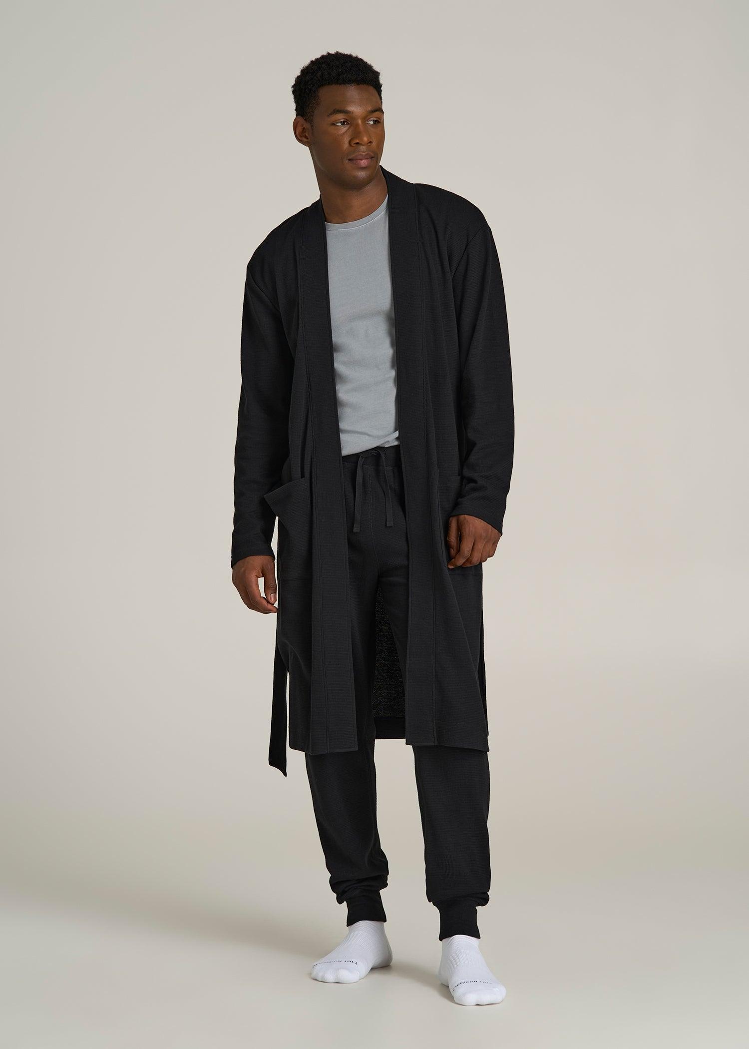 Waffle-Knit Lounge Robe for Tall Men in Black Male Product Image