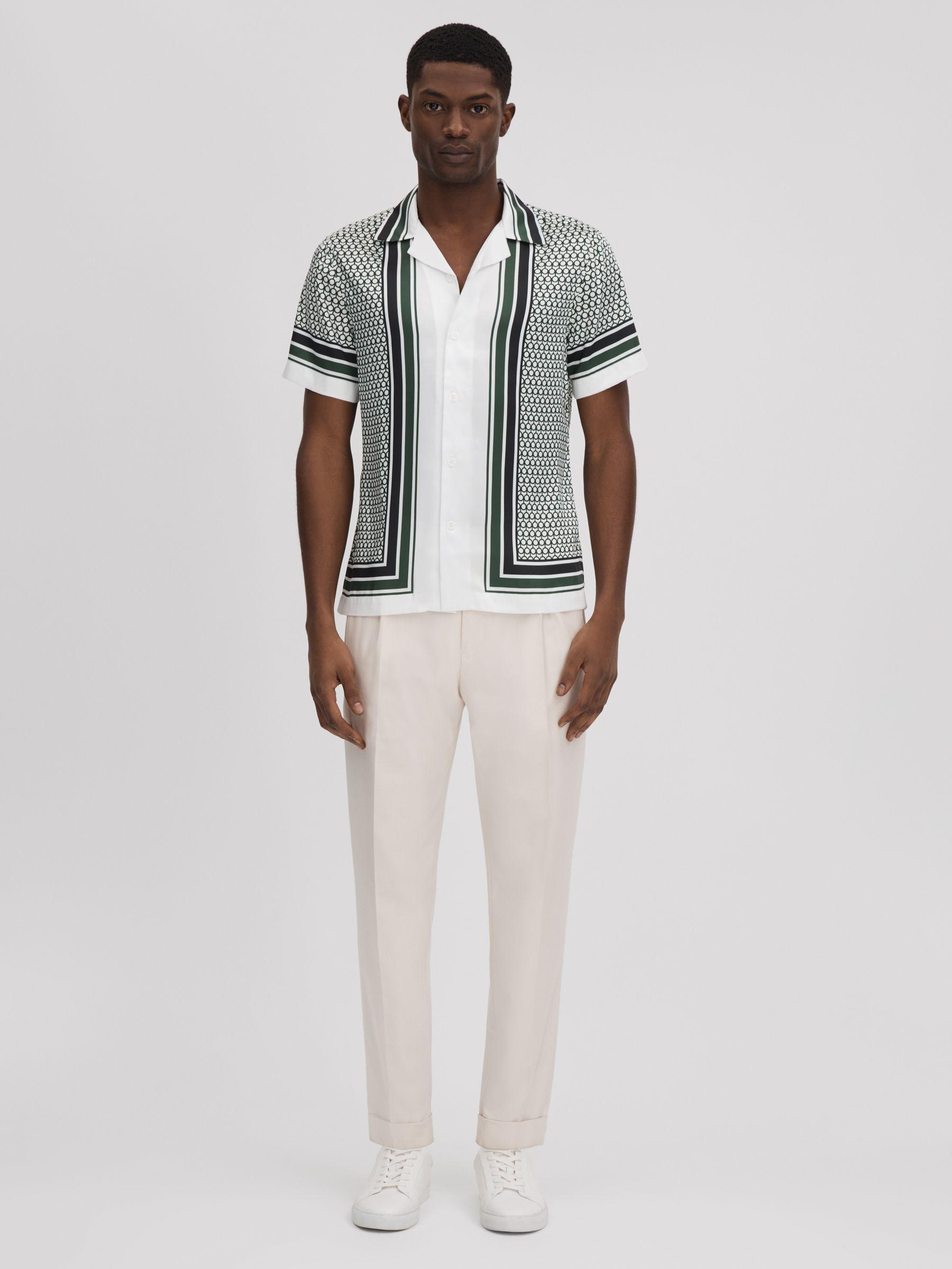 Geometric Print Cuban Collar Shirt in White/Green Product Image