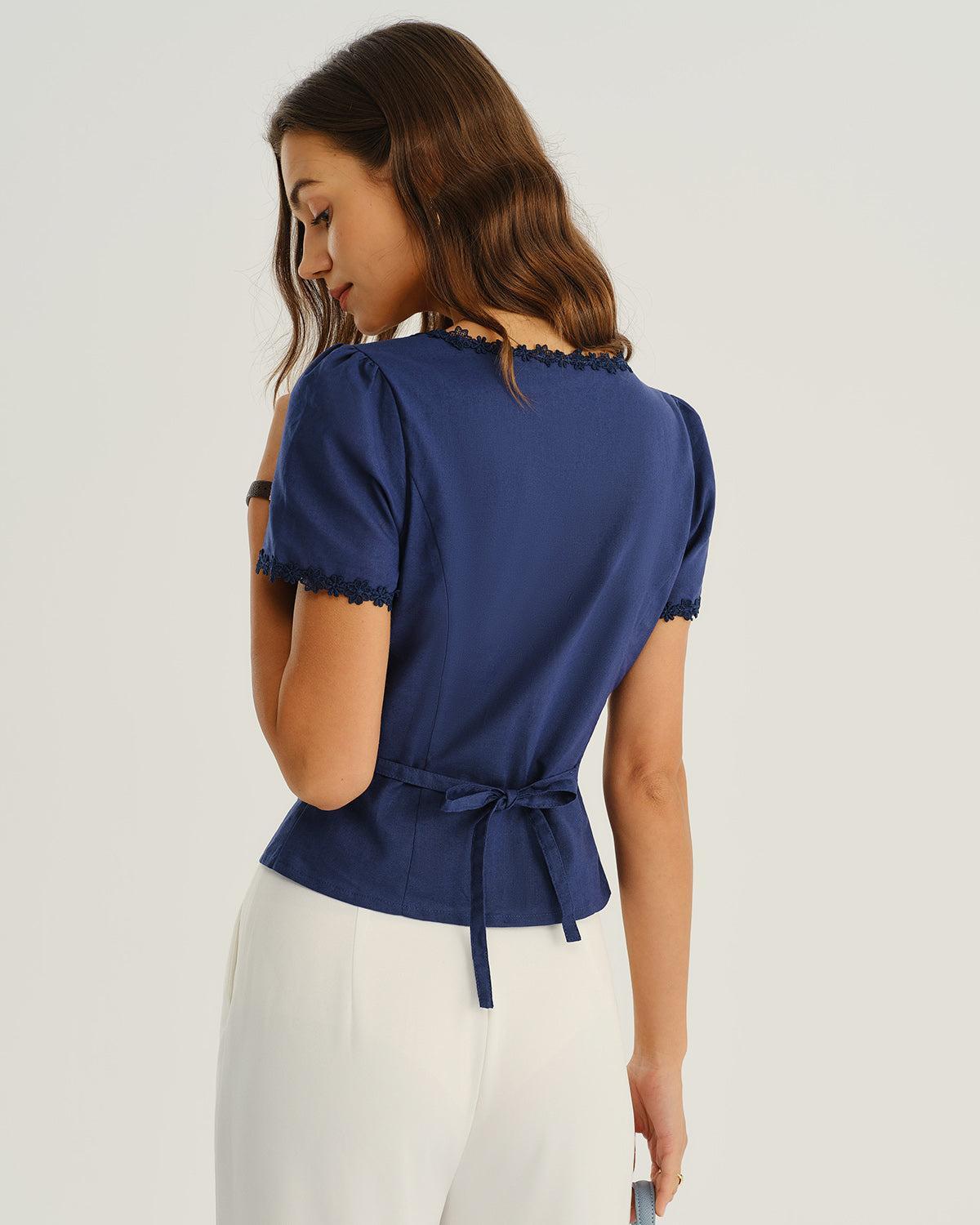 Navy Square Neck Button Blouse Product Image