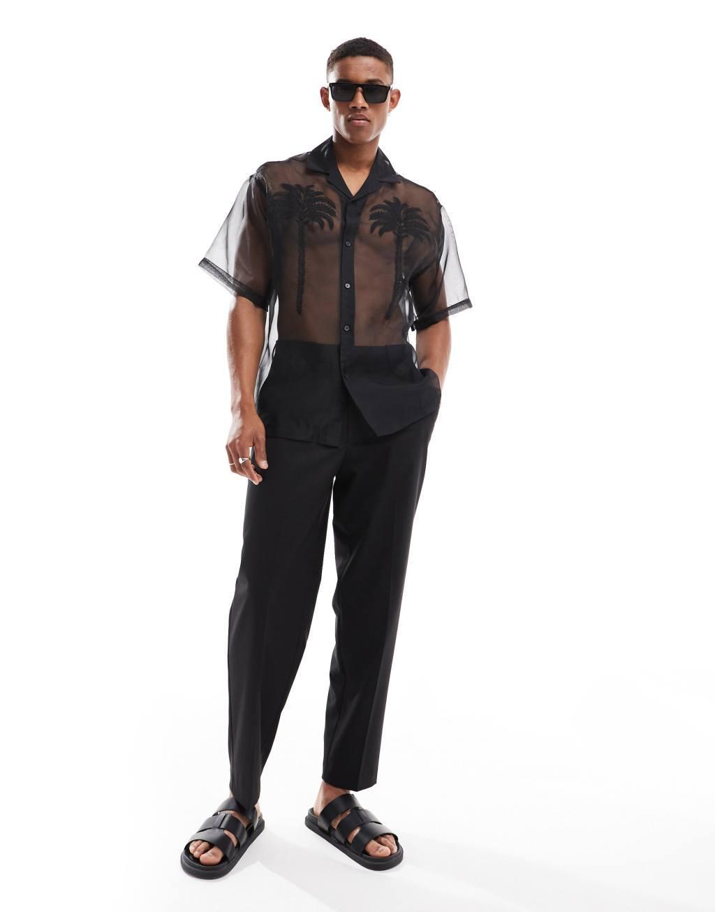 ASOS DESIGN oversized camp collar shirt in organza with palm tree embroidery in black Product Image