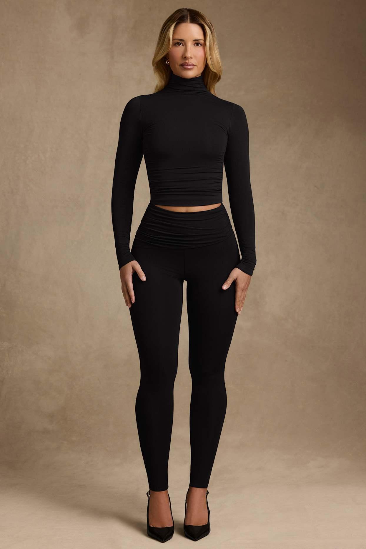 Modal Ruched Mid-Rise Leggings in Black Product Image