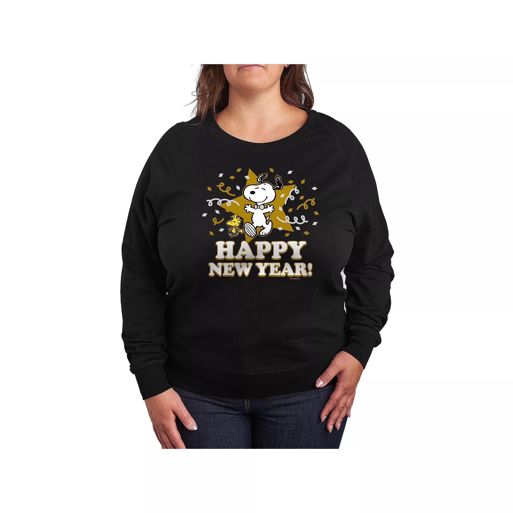 Plus Size Peanuts Snoopy Happy New Year French Terry Long Sleeve Tee, Women's, Size: 1XL, Black Product Image