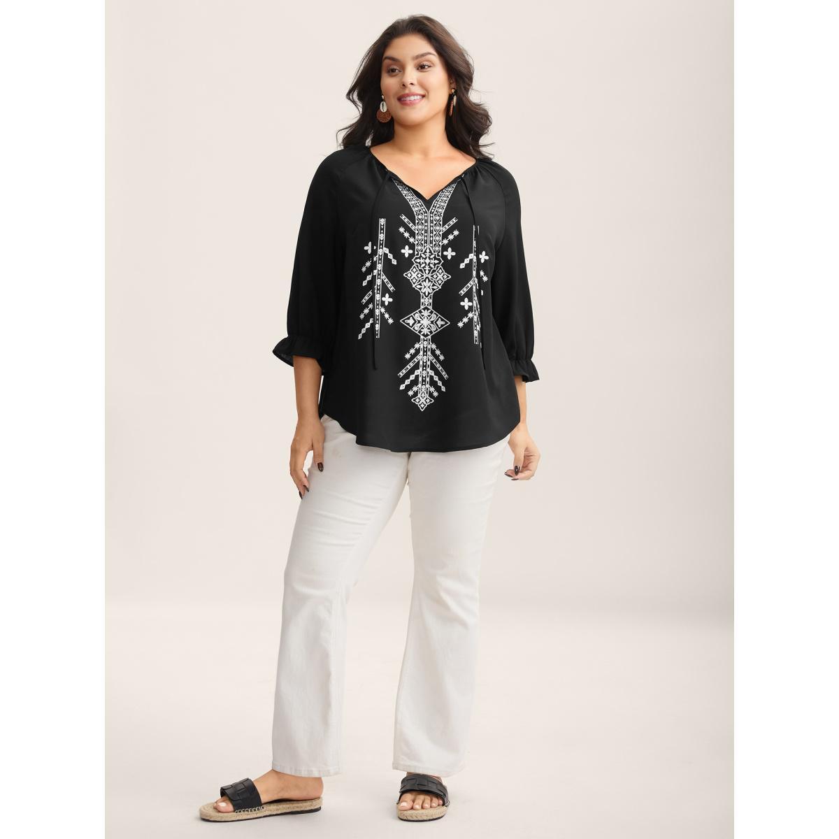 Plus Size Black Boho Print Neck Tassels Shirt Women Resort Elbow-length sleeve Notched collar Vacation Blouses BloomChic 22-24/3X Product Image