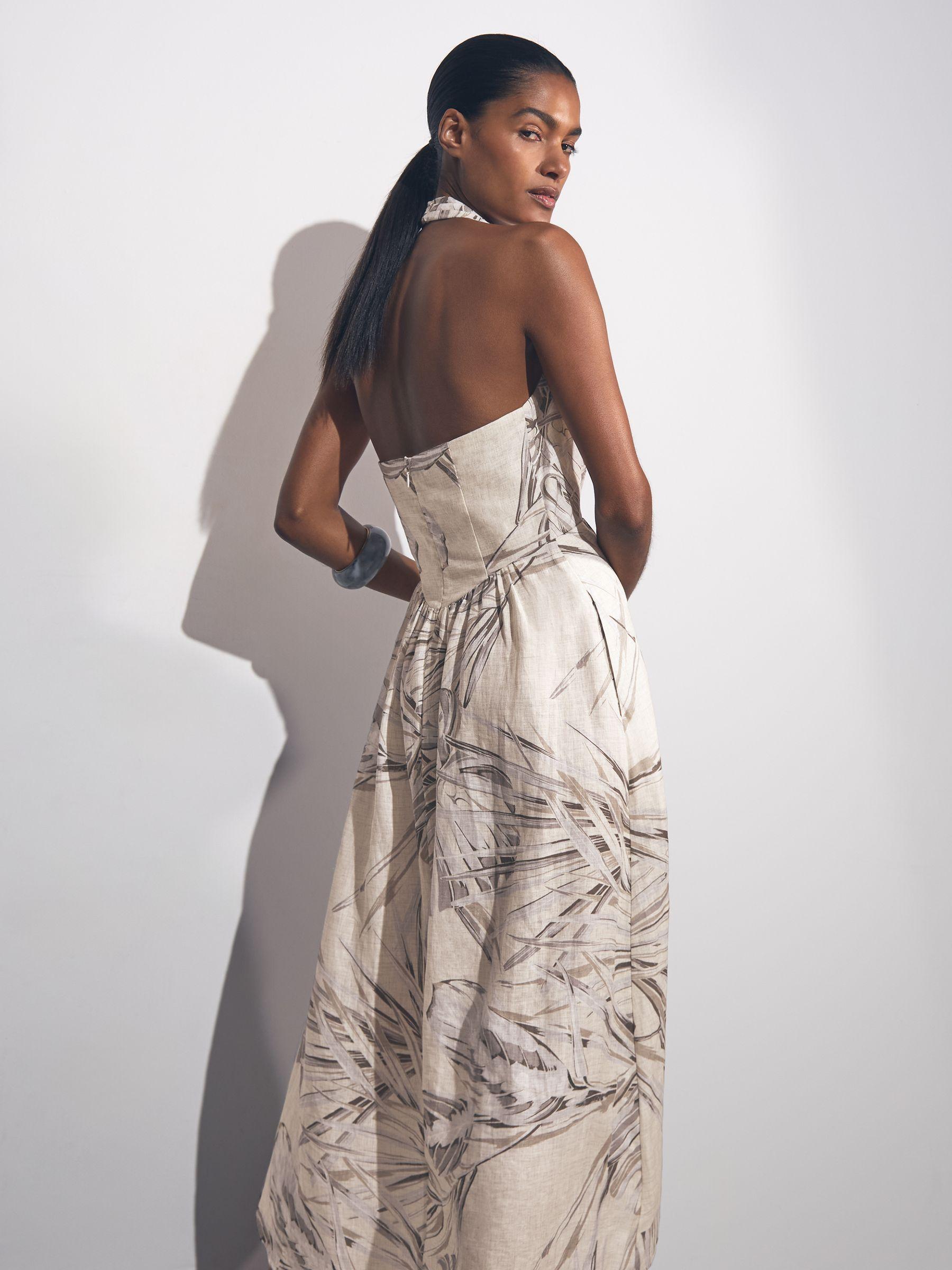 Petite Linen Palm Print Halterneck Midi Dress in Neutral Product Image