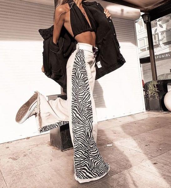 High Waist Animal Print Paneled Loose-Fit Wide-Leg Pants Product Image