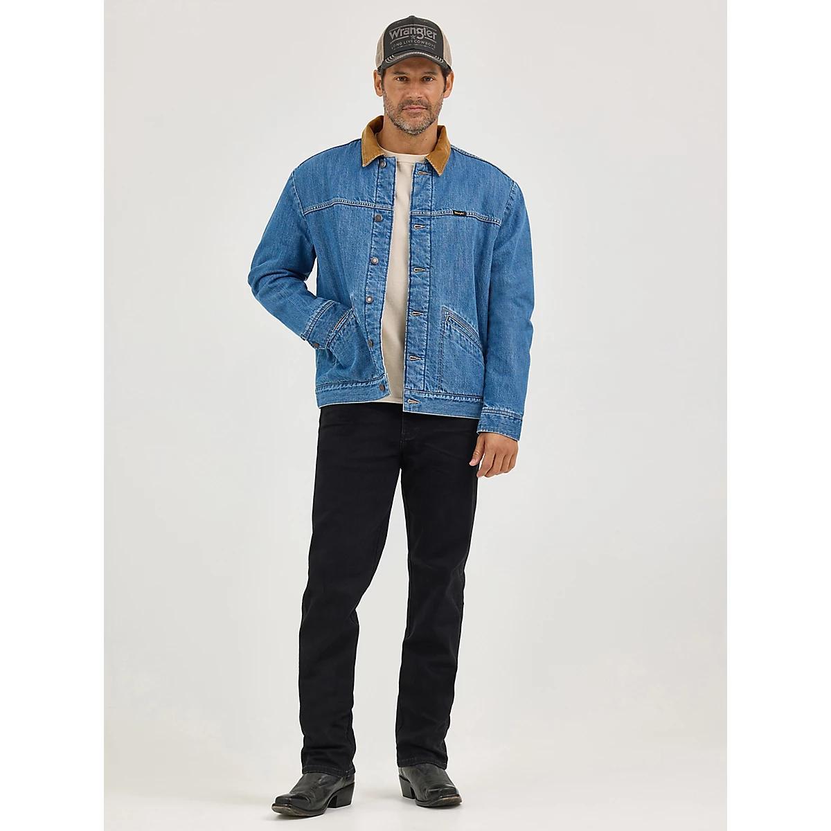Men's Wrangler® Straight Yoke Sherpa Lined Denim Jacket in Antique Indigo Product Image