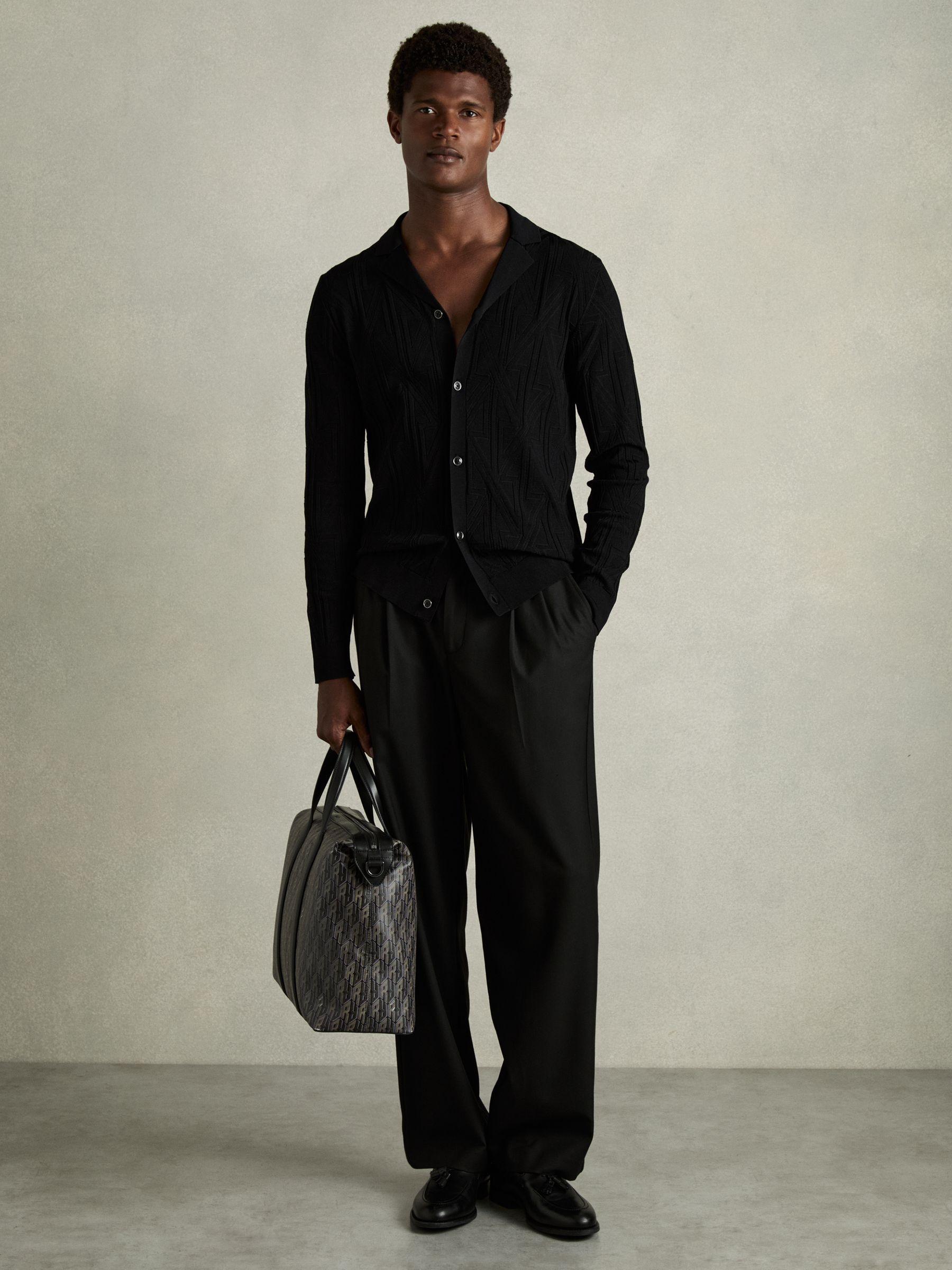 Jacquard Cuban-Collar Button-Through Shirt in Black Product Image