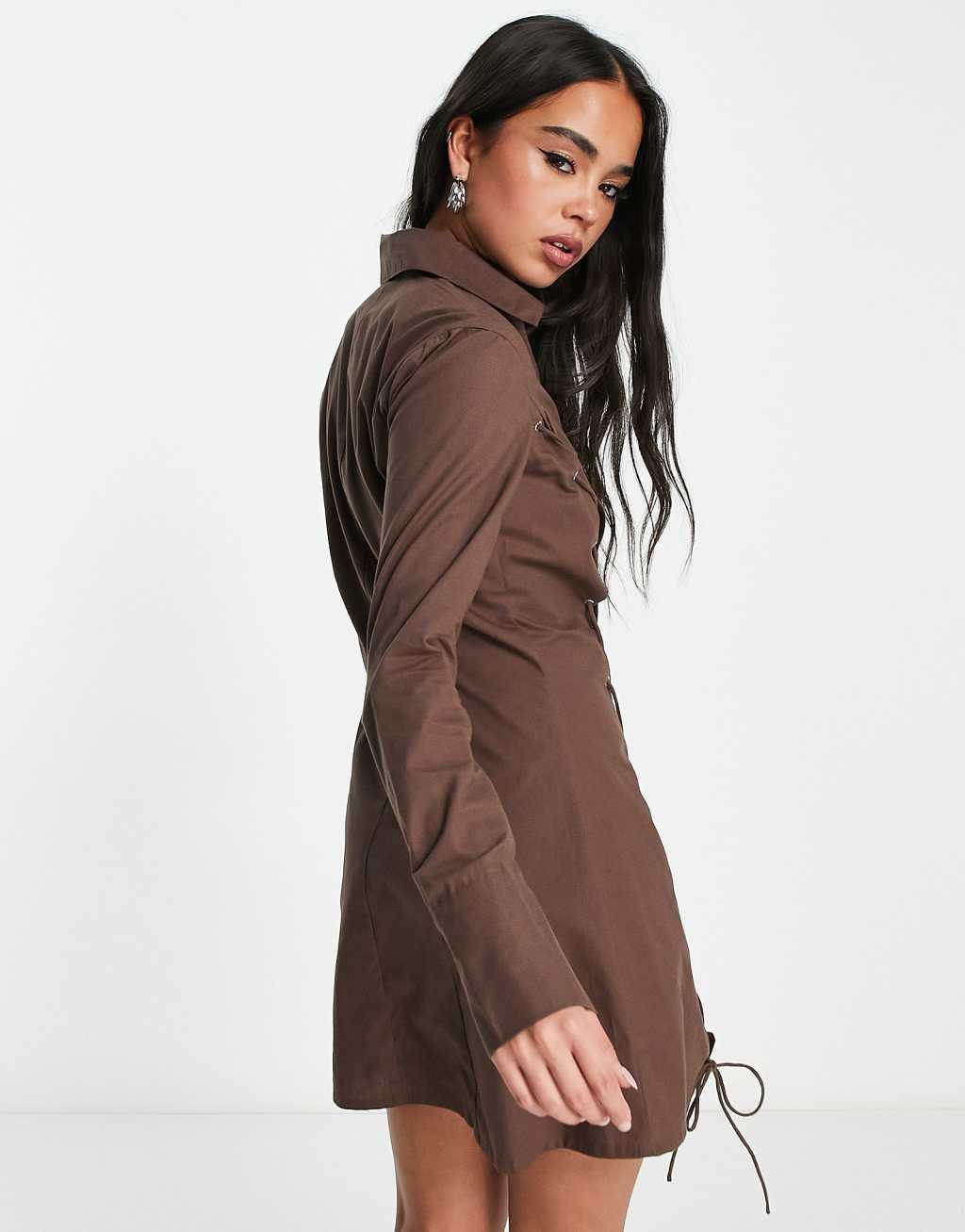 COLLUSION long sleeve lace-up shirt dress in brown  Product Image