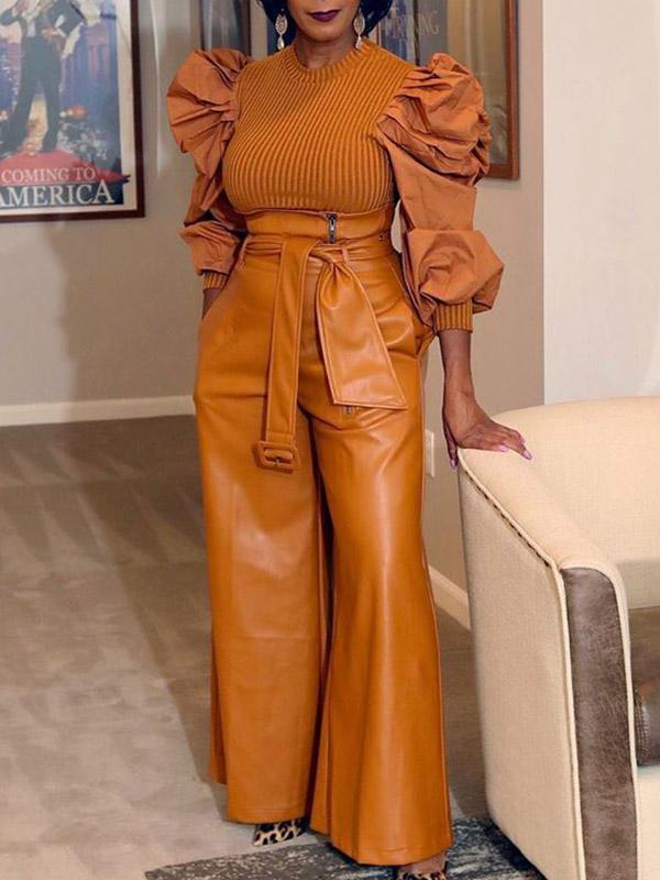 High Waisted Wide Leg Belted Solid Color Zipper Pants Trousers Product Image