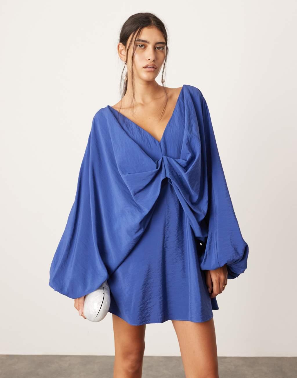 ASOS EDITION v neck drapey mini dress in blue Product Image