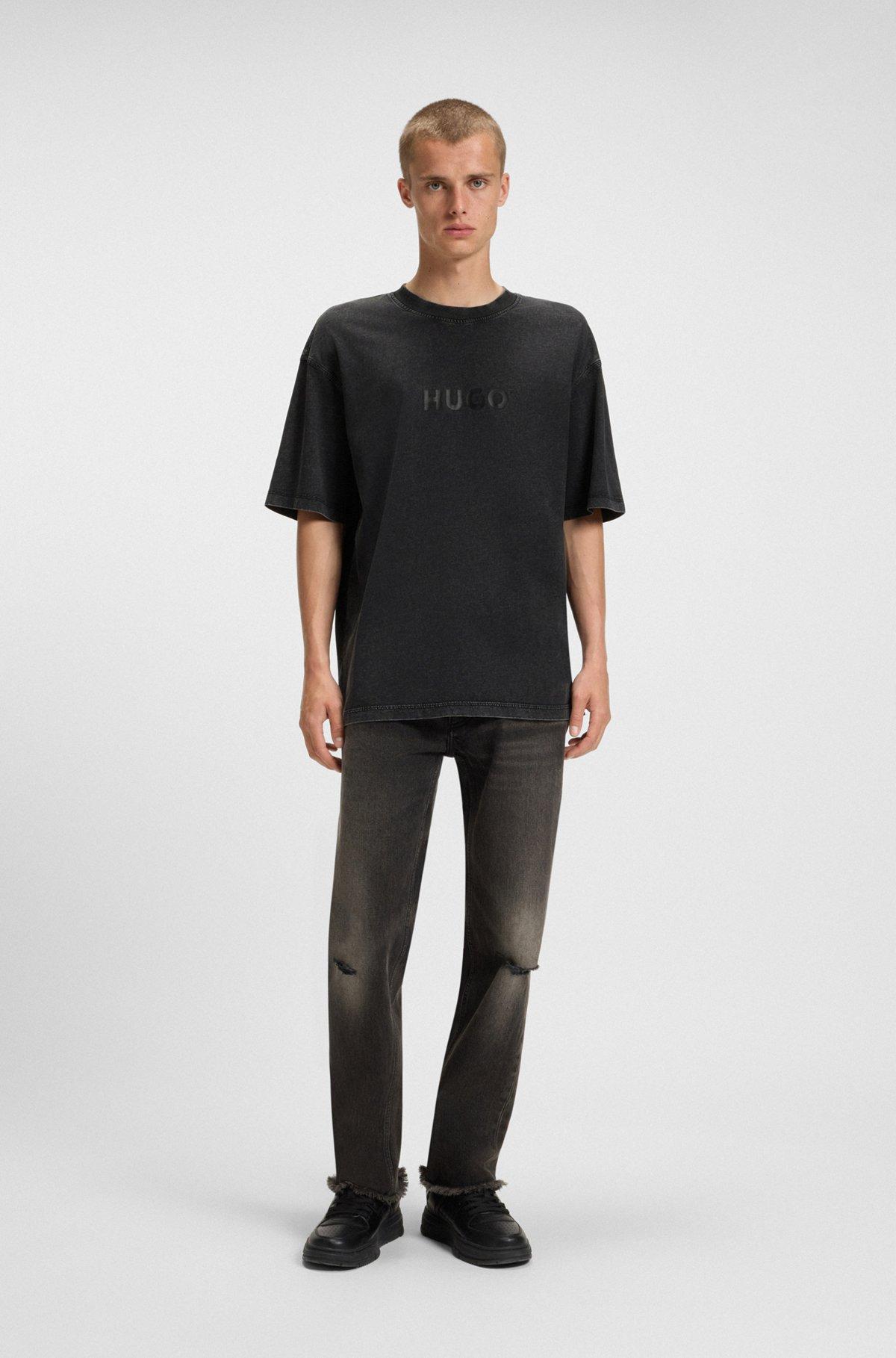HUGO - Cotton T-shirt with tonal logo print - Black Product Image