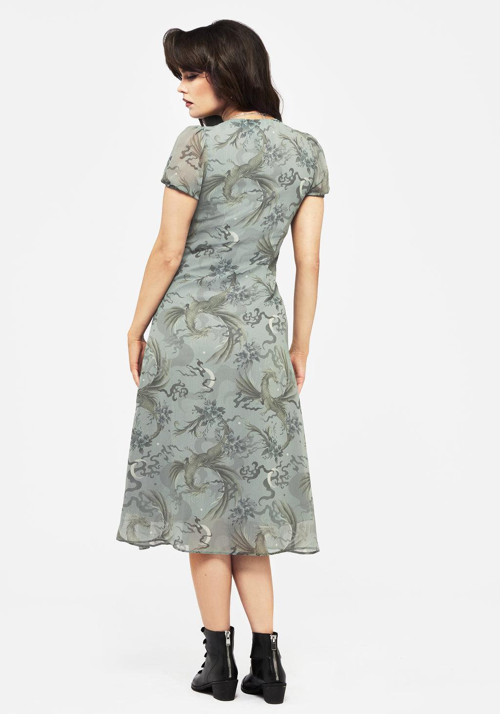 Sapphira Dragon Print Chiffon Button Up Midi Dress Product Image