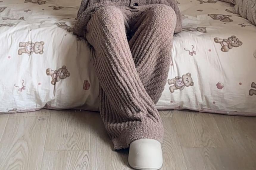 Pajama Set: V-Neck Plain Ribbed Cardigan + Straight Leg Pants Product Image