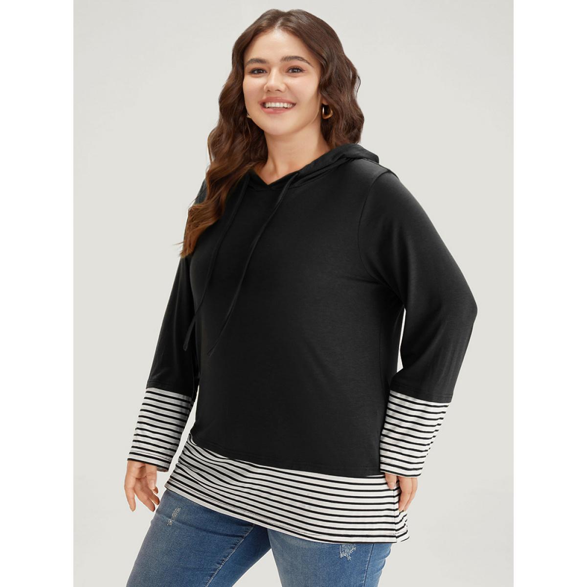 Plus Size Striped Patchwork Hooded Drawstring T-shirt Black Women Casual Patchwork Striped Hooded Dailywear T-shirts BloomChic 26/4X Product Image