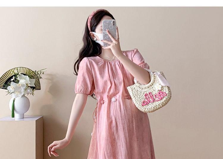 Maternity Short Sleeve Round Neck Beaded Drawstring Waist Maxi A-Line Dress Product Image