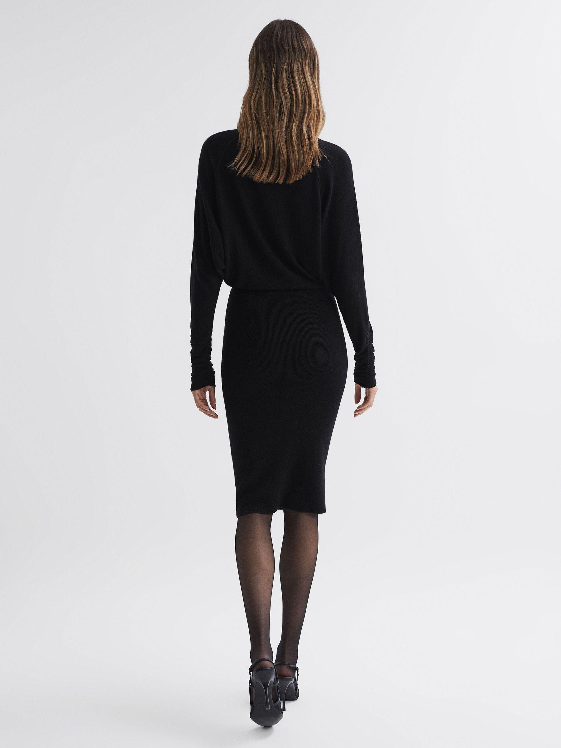 Petite Wool Blend Ruched Sleeve Midi Dress in Black Product Image