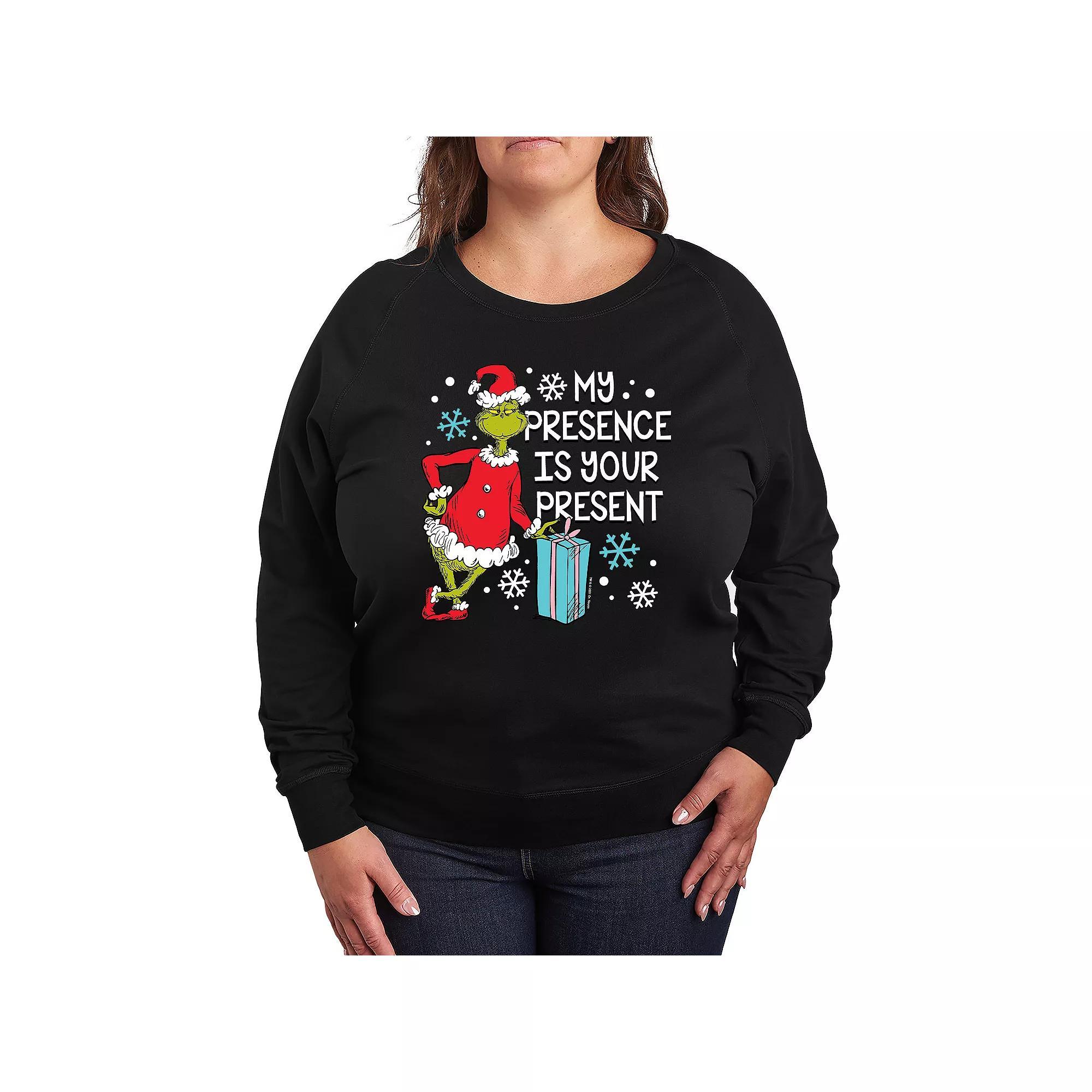 Plus Size Dr. Seuss Grinch My Presence French Terry Long Sleeve Tee, Women's, Size: 1XL, Black Product Image