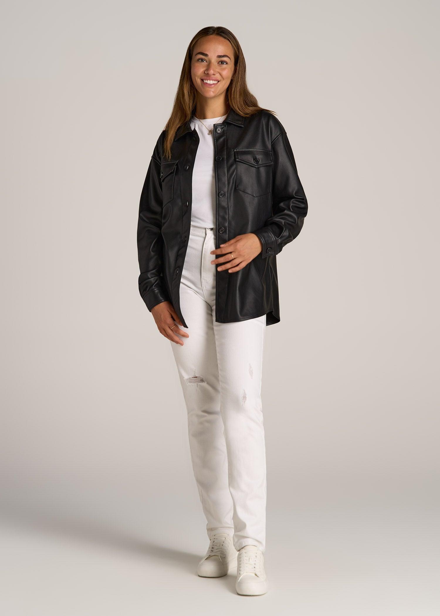 True Touch Leather Shirt Jacket for Tall Women in Black Female Product Image