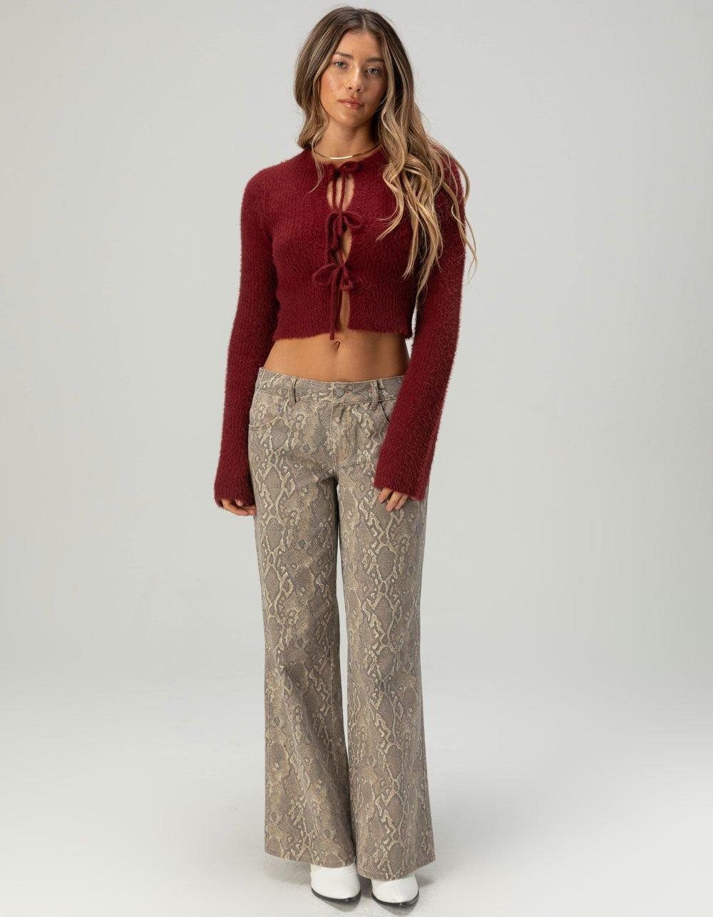 WEST OF MELROSE Fuzzy Tie Front Womens Cardigan - BURGUNDY Product Image