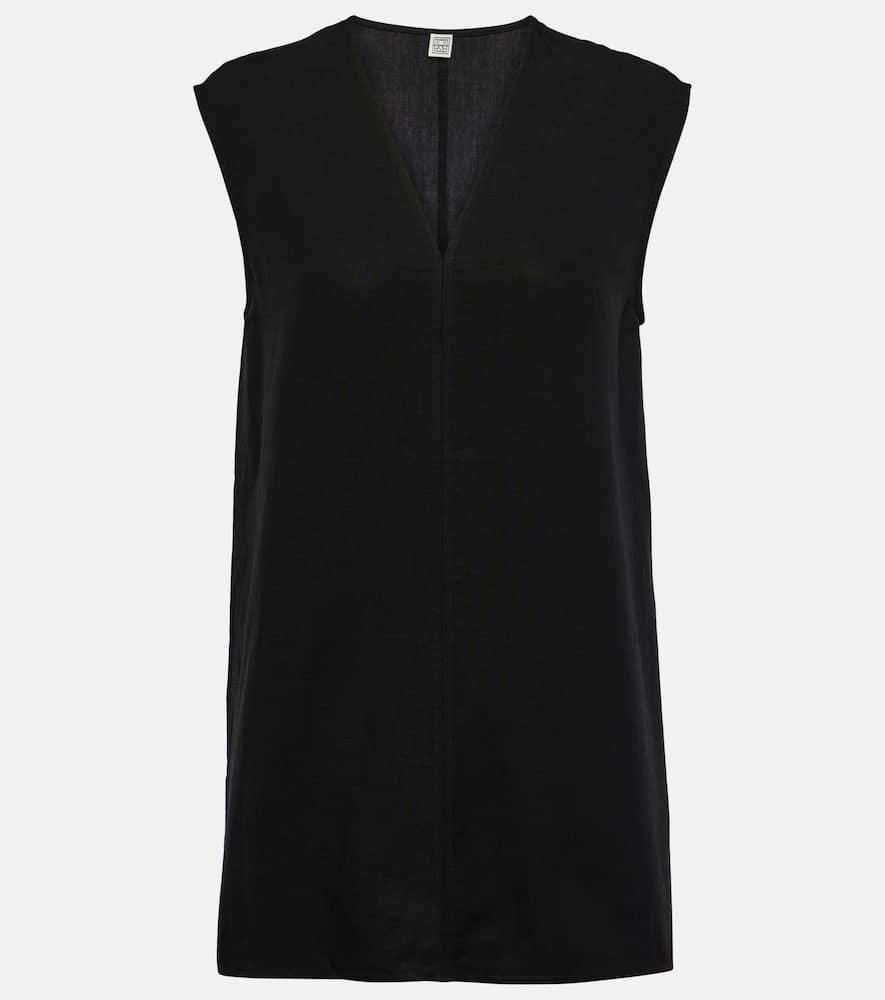 Linen Blend V-necked Top In Black 001 Product Image