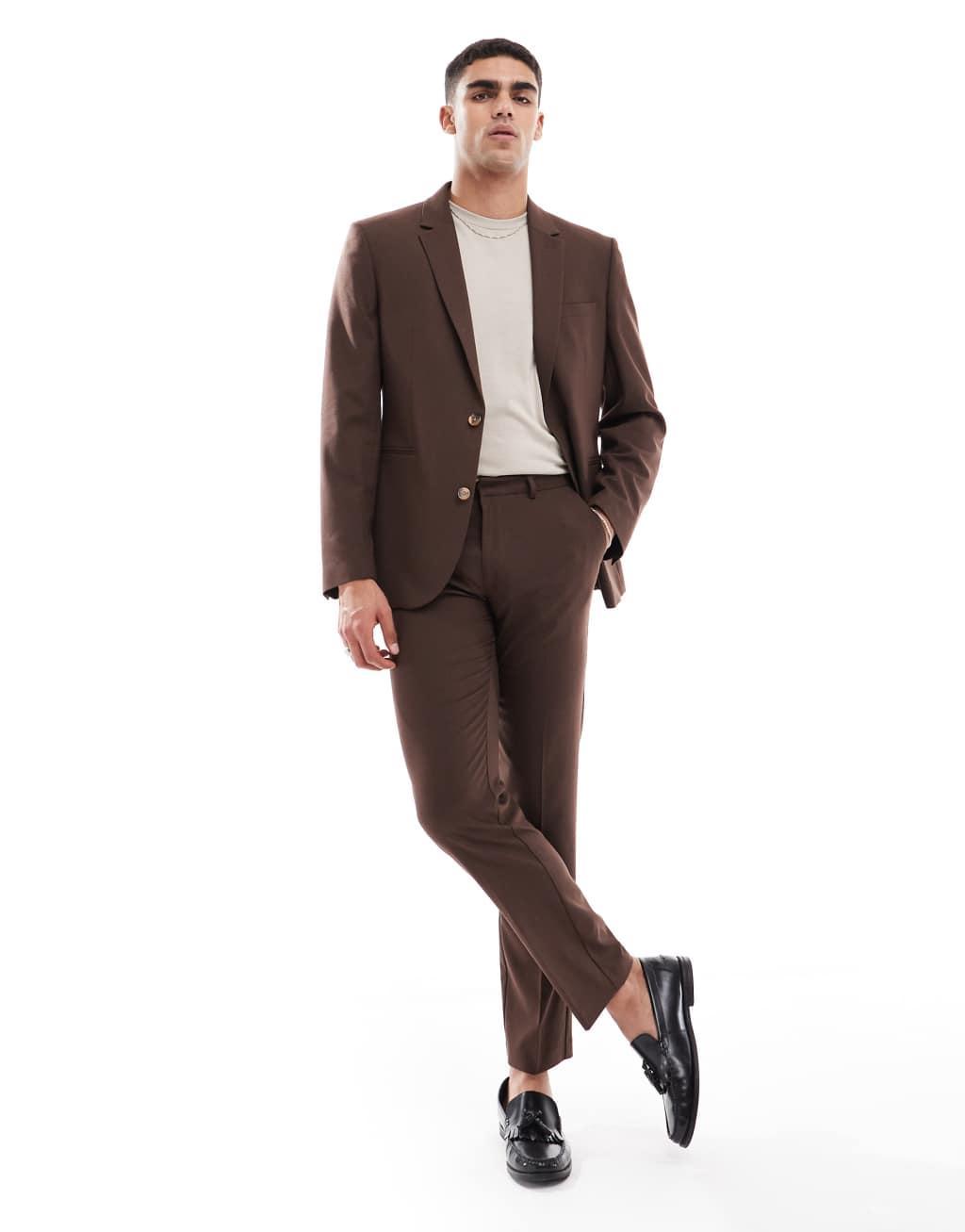 ASOS DESIGN slim suit jacket in brown Product Image