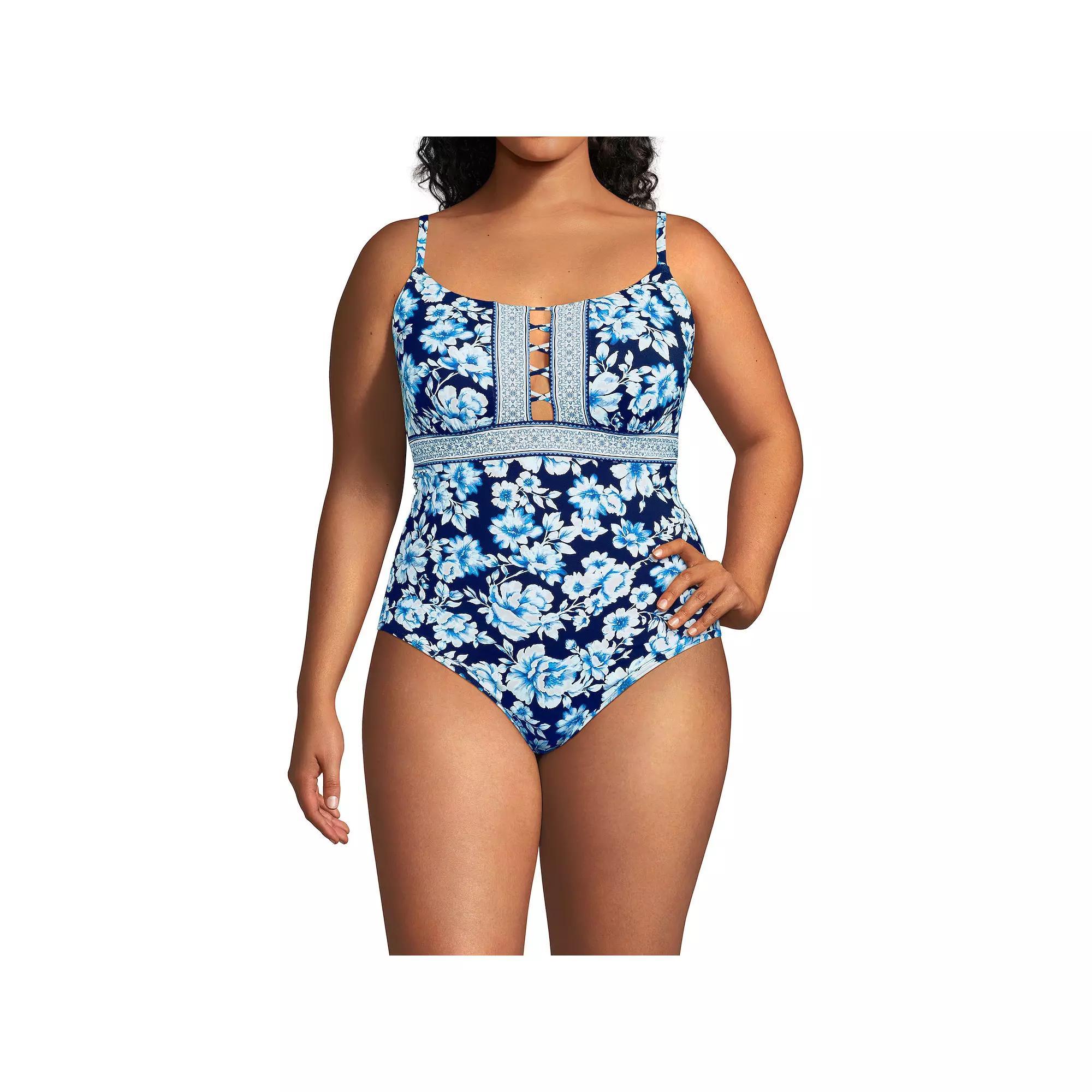 Plus Size Lands' End Lace-Up Front One-Piece Swimsuit, Women's, Size: 20 W, White Stripe Product Image